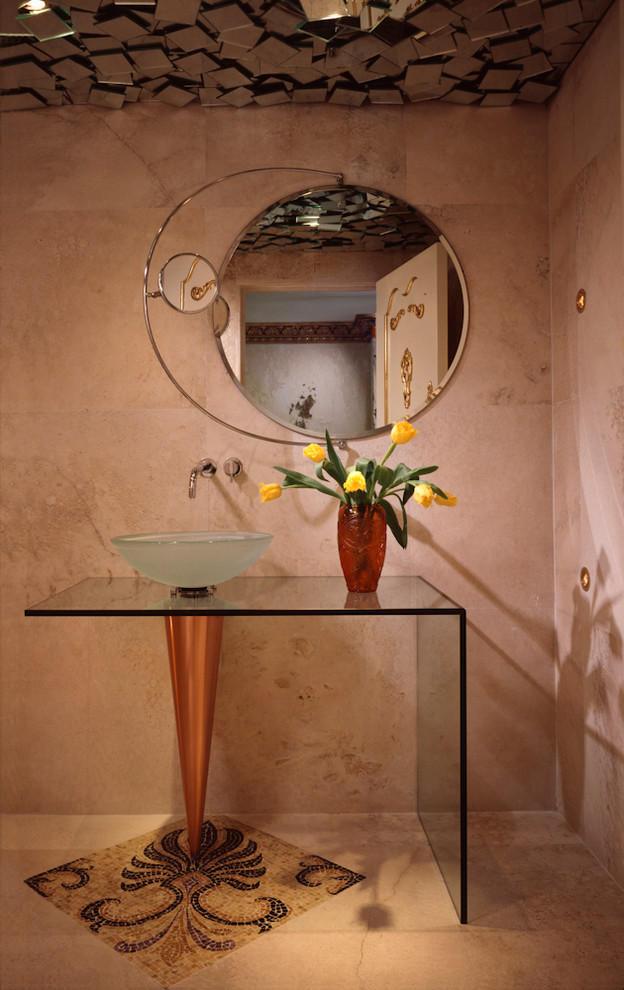 Inspiration for a contemporary powder room in Miami with a vessel sink and glass benchtops.