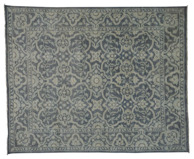 Silver Blue Washed Out Peshawar Oriental Rug Handmade, 8'0"x9'10"