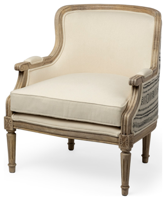 Elizabeth Cream Fabric Seat w/ Solid Wood Base & Detailed Back Accent Chair