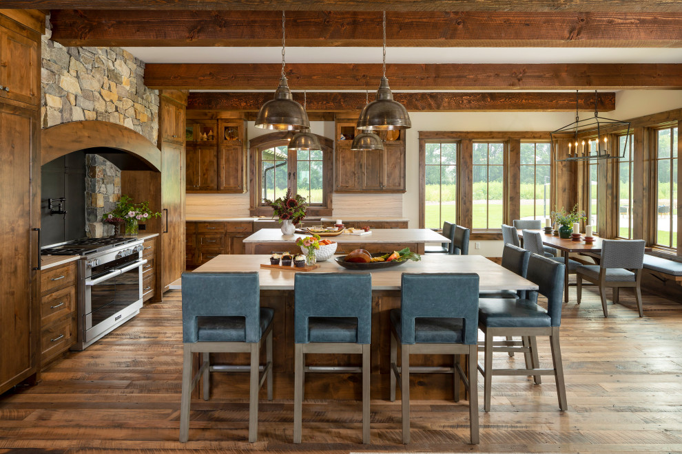 Inspiration for a huge rustic galley medium tone wood floor, multicolored floor and exposed beam eat-in kitchen remodel in Minneapolis with a farmhouse sink, recessed-panel cabinets, distressed cabinets, quartz countertops, multicolored backsplash, quartz backsplash, paneled appliances, two islands and multicolored countertops