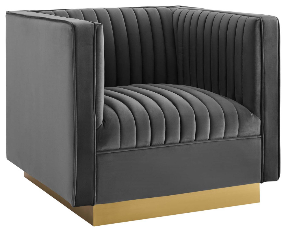 Cube Armchair, Velvet Accent Arm Chair, Gold Glam Club Chair, Lux Lounger, Grey