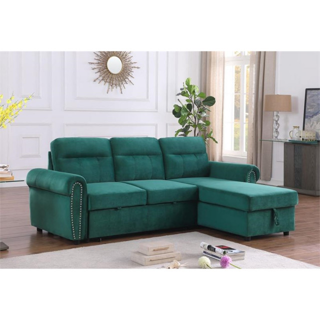 Maklaine Velvet Fabric Reversible Sleeper Sectional Sofa Chaise in Gray ...