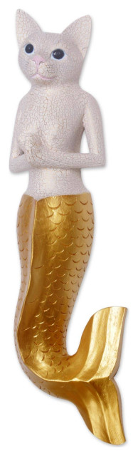 NOVICA Mermaid Kitty In White And Wood Wall Sculpture
