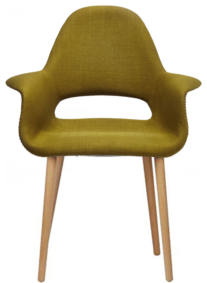 Modern Designer Dining Armchair Chair With Arms Linen Wooden Solid Color Back, Green