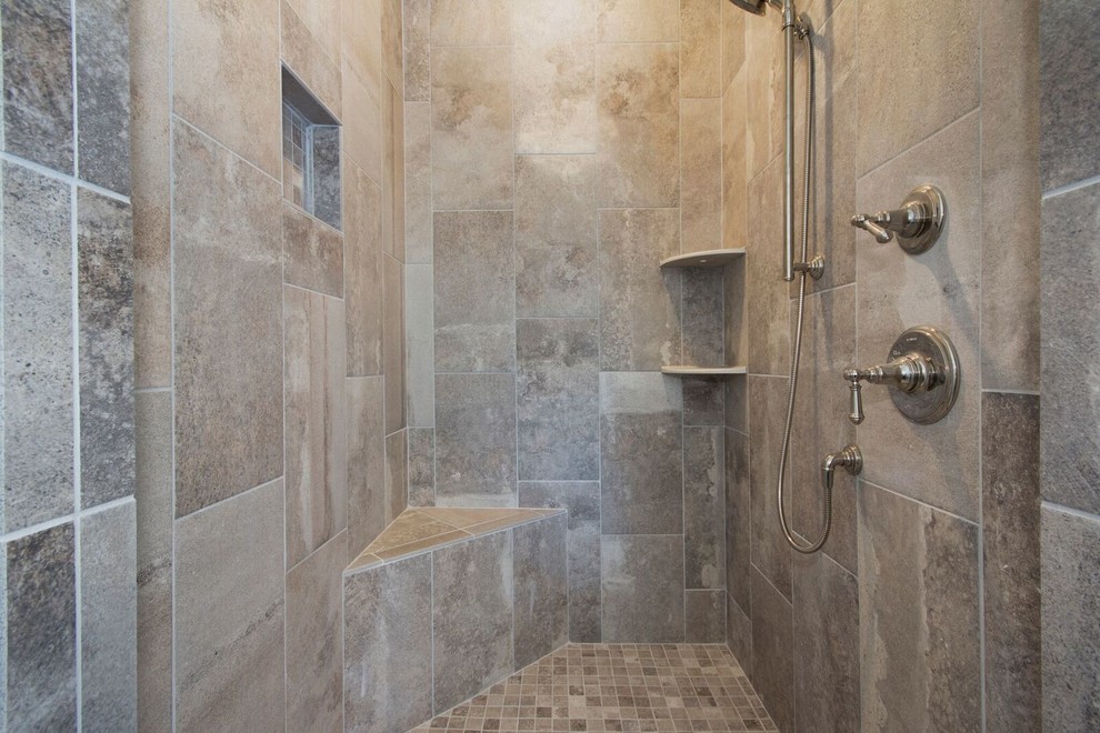 Mid-sized transitional 3/4 bathroom in St Louis with raised-panel cabinets, white cabinets, a drop-in tub, an alcove shower, a two-piece toilet, beige tile, travertine, grey walls, travertine floors, an undermount sink, granite benchtops, beige floor and a shower curtain.