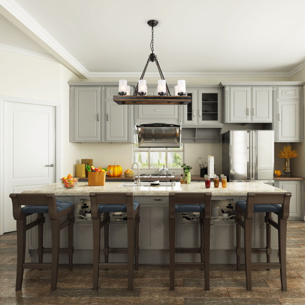 Design ideas for a small country u-shaped eat-in kitchen in Atlanta with a double-bowl sink, beaded inset cabinets, beige cabinets, concrete benchtops, beige splashback, brick splashback, stainless steel appliances, plywood floors, with island, brown floor and white benchtop.