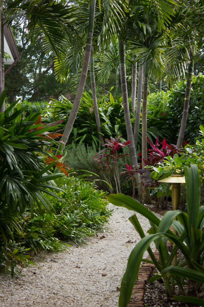 Small tropical side yard shaded garden in Miami with gravel for summer.