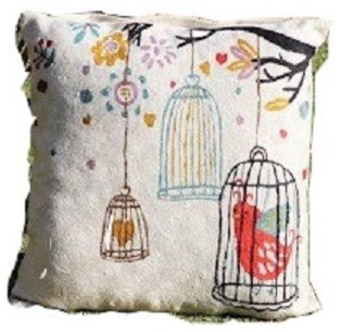 Crewel Pillow Bird in the Cage White Cotton Duck 20x20 Inches