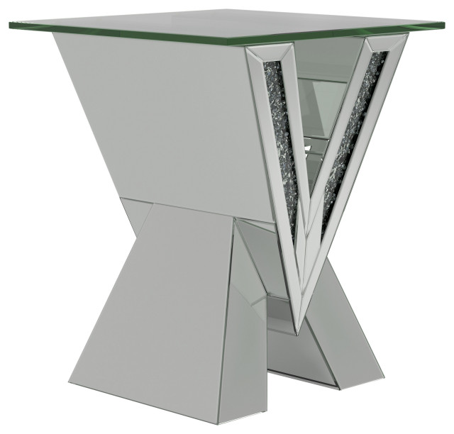 Taffeta Vshaped End Table With Glass Top Silver Modern Side Tables