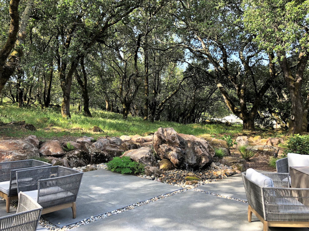 Photo of a backyard partial sun xeriscape in San Francisco with with rock feature and river rock.