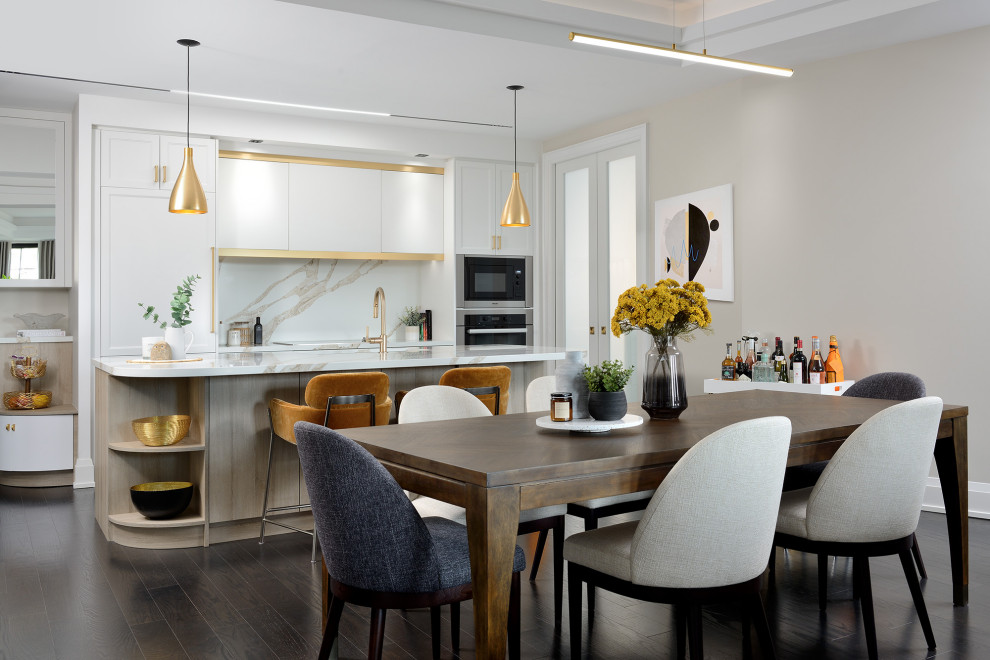 Inspiration for a small contemporary kitchen/dining combo in Toronto with dark hardwood floors, beige floor and coffered.