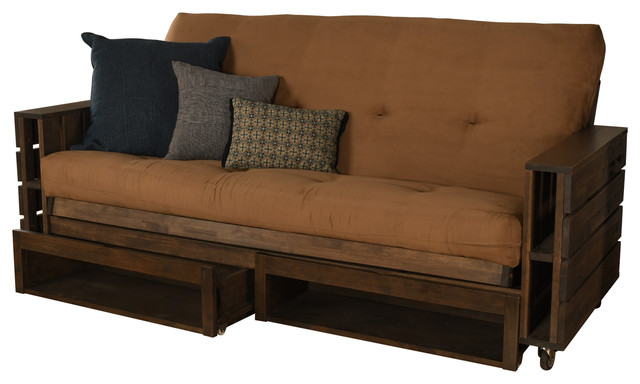 Ashland Frame Futon Rustic Walnut Storage Drawers Suede Peat