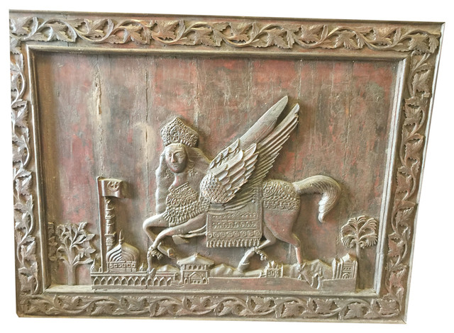 Consigned Antique Indian Al-Buraq Hand-Carved Wood Wall Sculpture