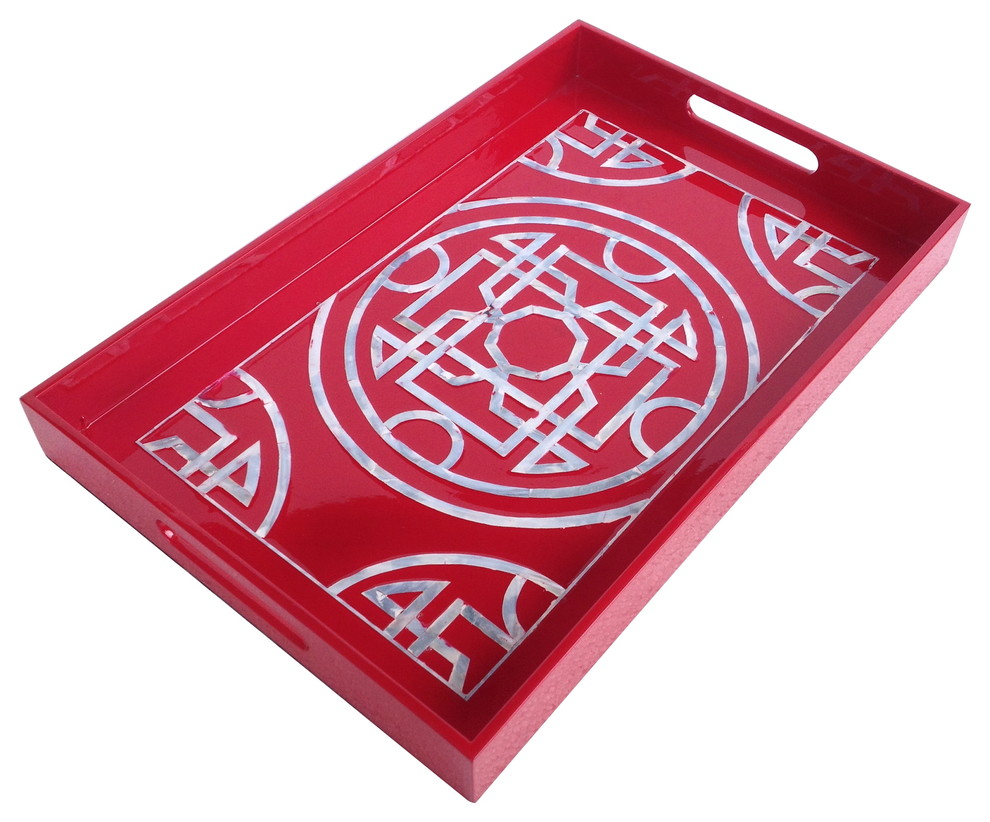 Lacquered Tray Mother of Pearl Inlay Red 20"x13"
