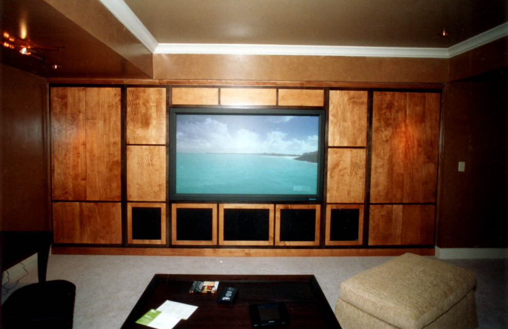 Inspiration for a mid-sized transitional open concept home theatre in Other with a built-in media wall.