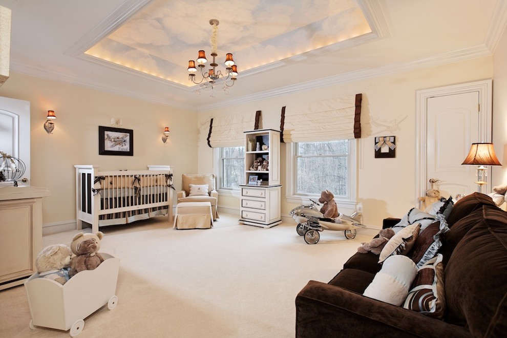 Expansive traditional gender-neutral nursery in DC Metro with beige walls and carpet.