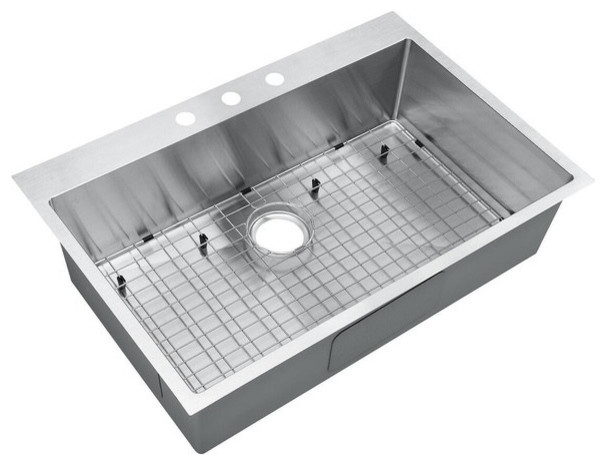 Top-Mount Drop-In Stainless Steel Single Bowl Kitchen Sink With Grid, 33"x22"x9"