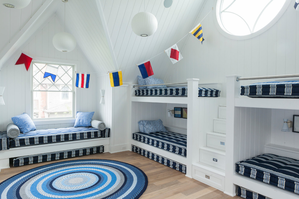 Inspiration for a coastal kids' bedroom remodel in New York with white walls