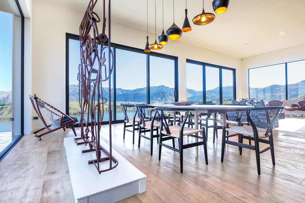 Large country open plan dining in Auckland with white walls, light hardwood floors and no fireplace.