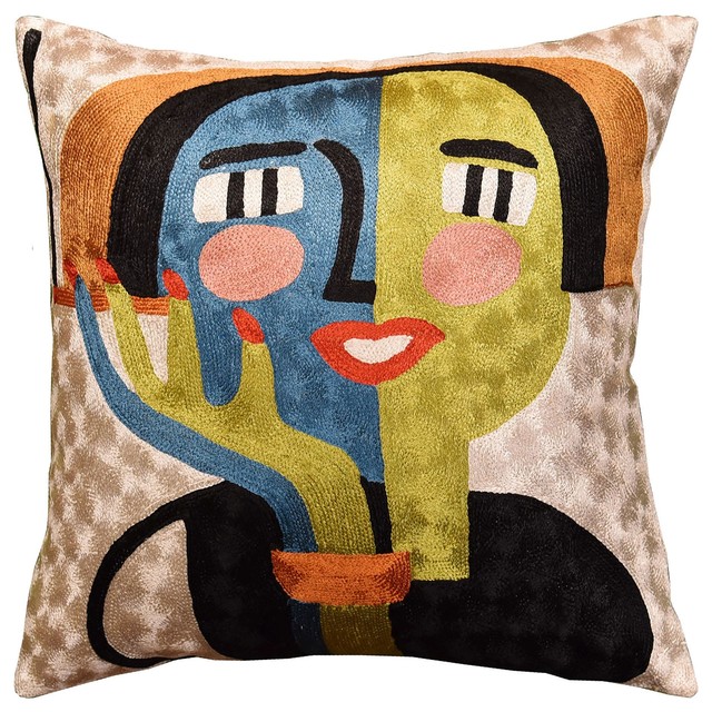 Louise Abstract Girl Ivory Accent Pillow Cover Hand Embroidered