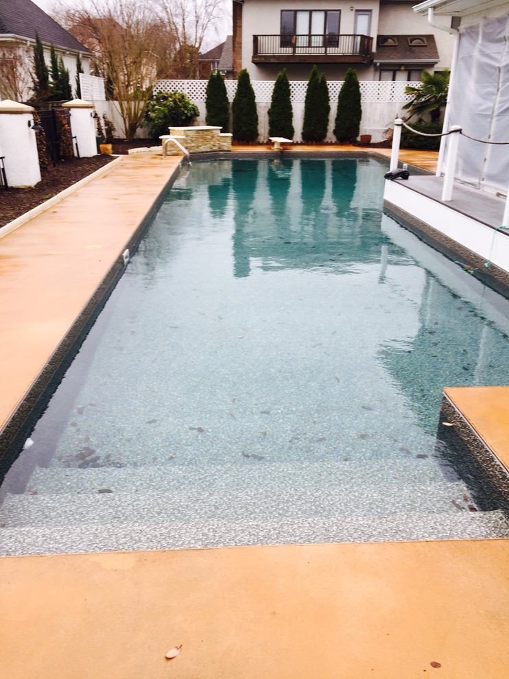 Example of a mid-sized backyard rectangular natural pool fountain design
