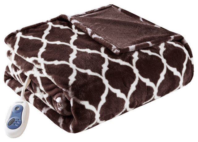 Beautyrest Knitted Ogee Printed Microlight Heated Throw, Brown