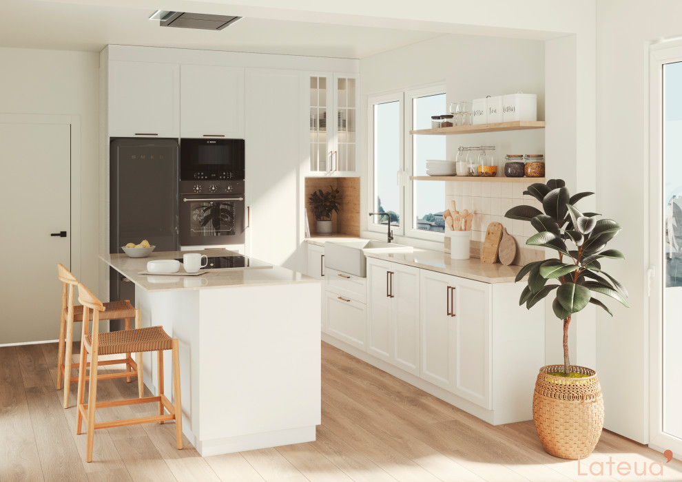 Design ideas for a mid-sized mediterranean u-shaped eat-in kitchen in Valencia with an integrated sink, beaded inset cabinets, white cabinets, granite splashback, black appliances, medium hardwood floors, with island, brown floor and beige benchtop.