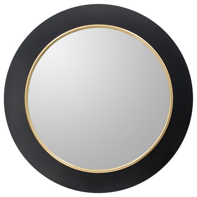 Large Black & Gold Round Wall Mirror With Led Light D31.5x2.5