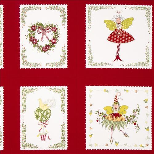 red patchwork pixies fairies Christmas fabric Michael Miller