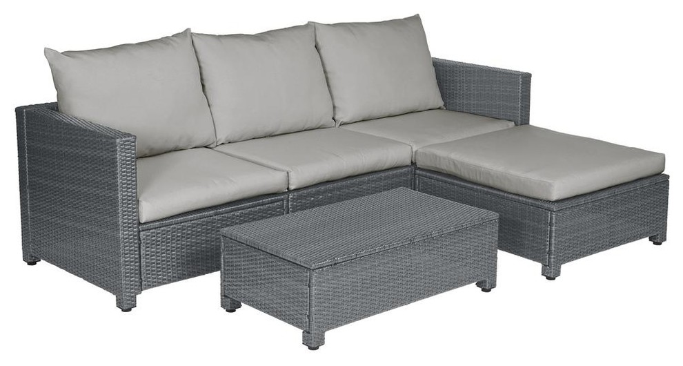 Azura Rattan Indoor/Outdoor Sectional and Table With Reversible Ottoman, Gray