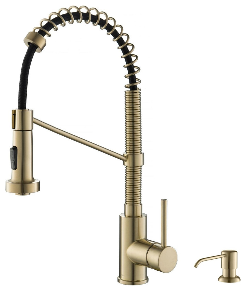 Bolden Commercial Style 2-Function Pull-Down 1-Handle 1-Hole Kitchen Faucet, Spot Free Antique Champagne Bronze W/ Soap Dispenser