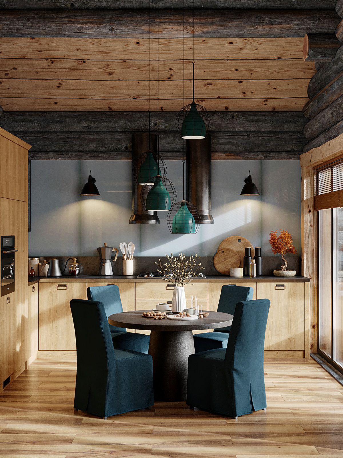 Дом из кело для рыбалки. Кухня-гостиная