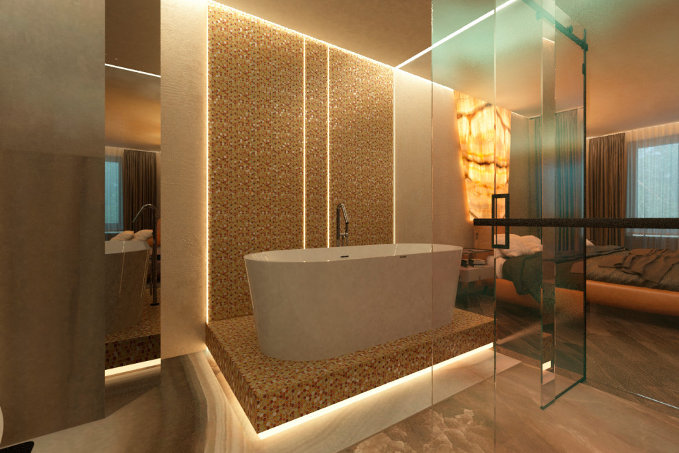 Ejemplo de cuarto de baño contemporáneo con sanitario de pared, suelo de baldosas de porcelana y ducha abierta