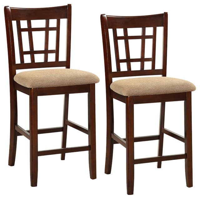 Wooden Counter Height Chair, Dark Brown & Cream, Set Of 2