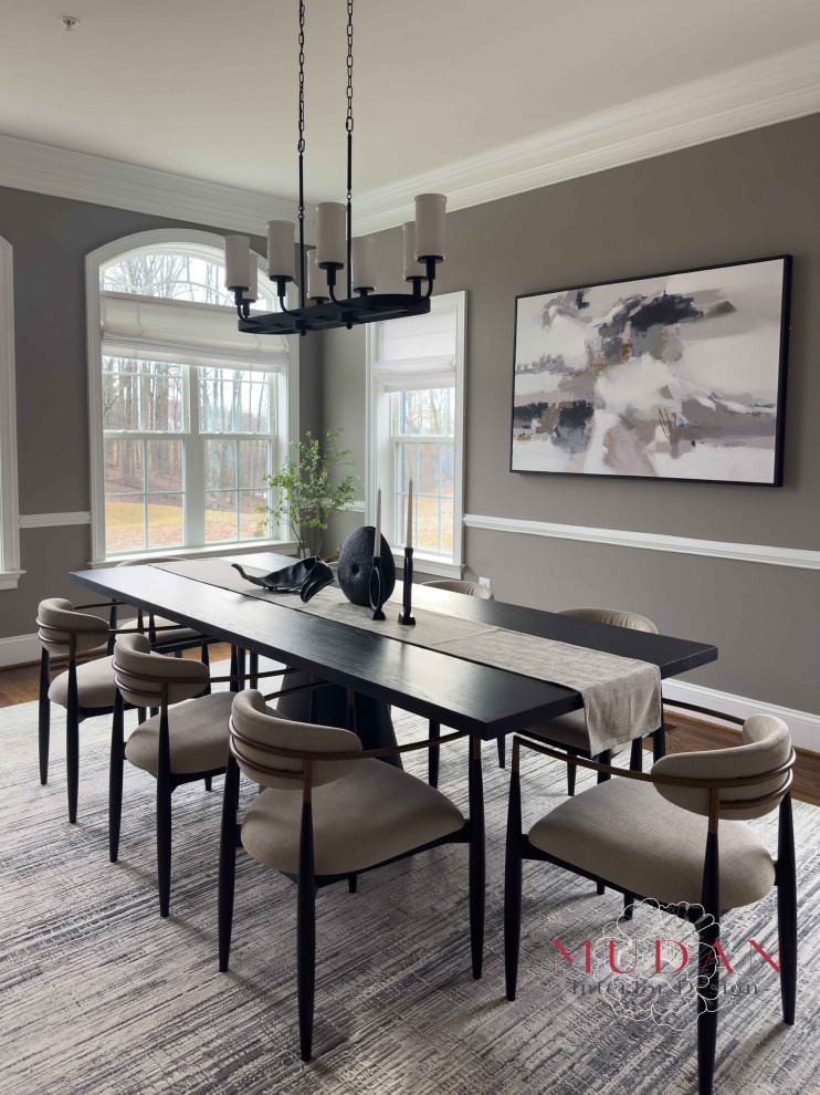 Example of a large transitional medium tone wood floor and brown floor kitchen/dining room combo design with gray walls
