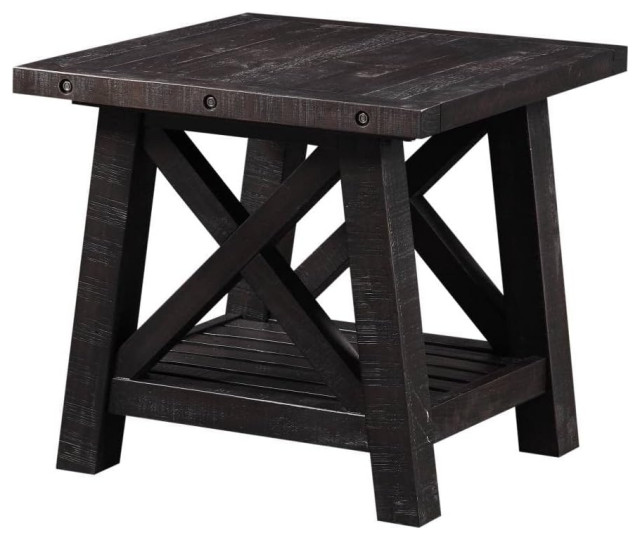 Farmhouse Retro Side Table, Slatted Bottom Shelf & Cross Braced Details