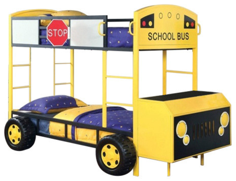 School Bus Design Twin Size Bunk Bed With Front Table and Storage