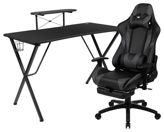 Gaming Desk and Reclining Chair Set, Headphone Hook/Monitor Stand