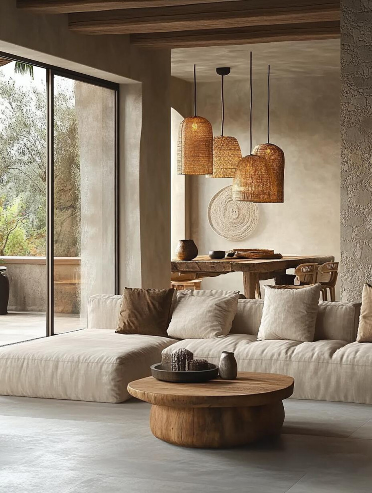 Example of a mid-sized urban loft-style ceramic tile and beige floor living room design in Los Angeles with a bar