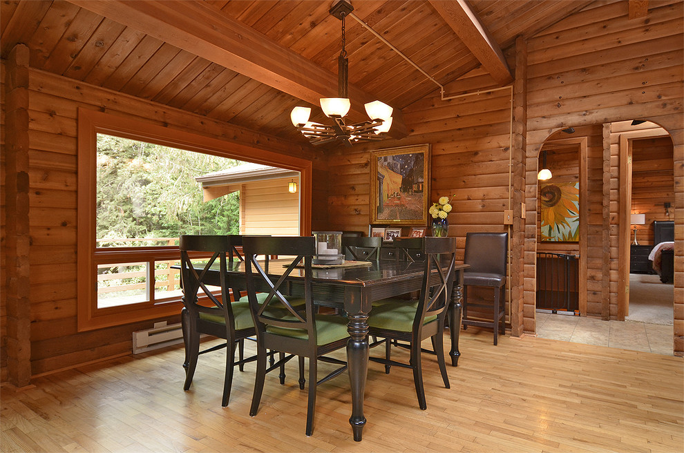Mid-sized country dining room in Seattle with light hardwood floors and no fireplace.