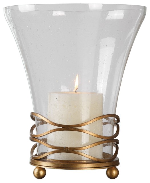 Elegant Classic Gold Candle Holder, Hurricane Pillar Bubble Glass