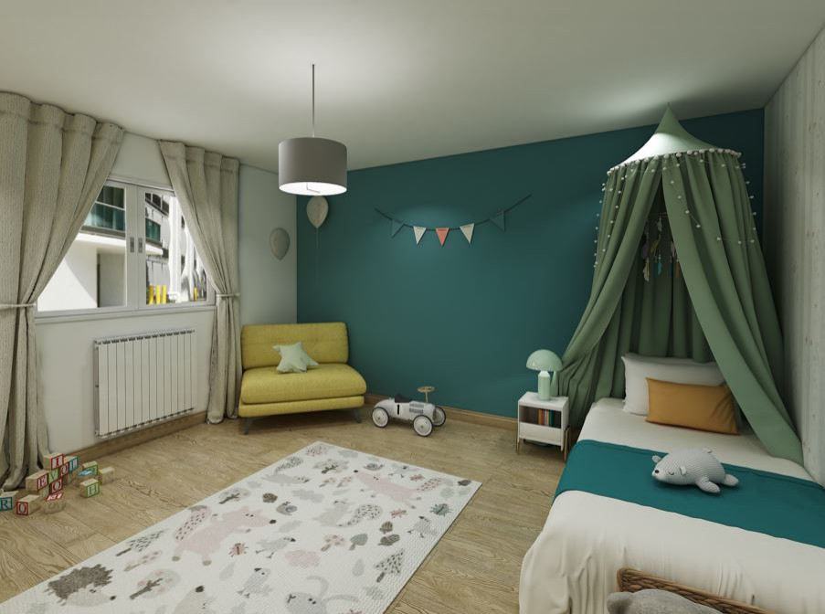 ルアーブルにある高級な広い北欧スタイルのおしゃれな子供部屋 (青い壁、淡色無垢フローリング、児童向け、壁紙、ベージュの床) の写真