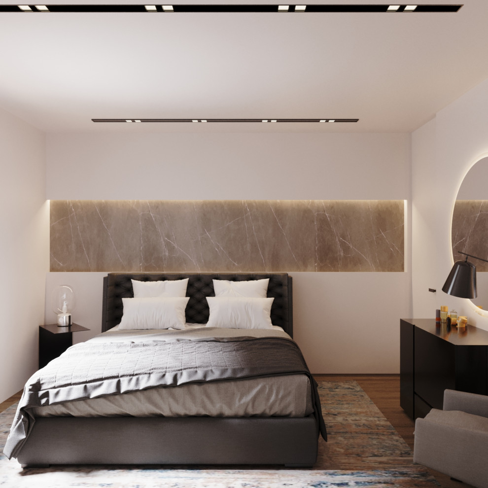 Ispirazione per una camera matrimoniale moderna di medie dimensioni con pareti bianche, parquet chiaro, pavimento beige, soffitto ribassato e abbinamento di mobili antichi e moderni