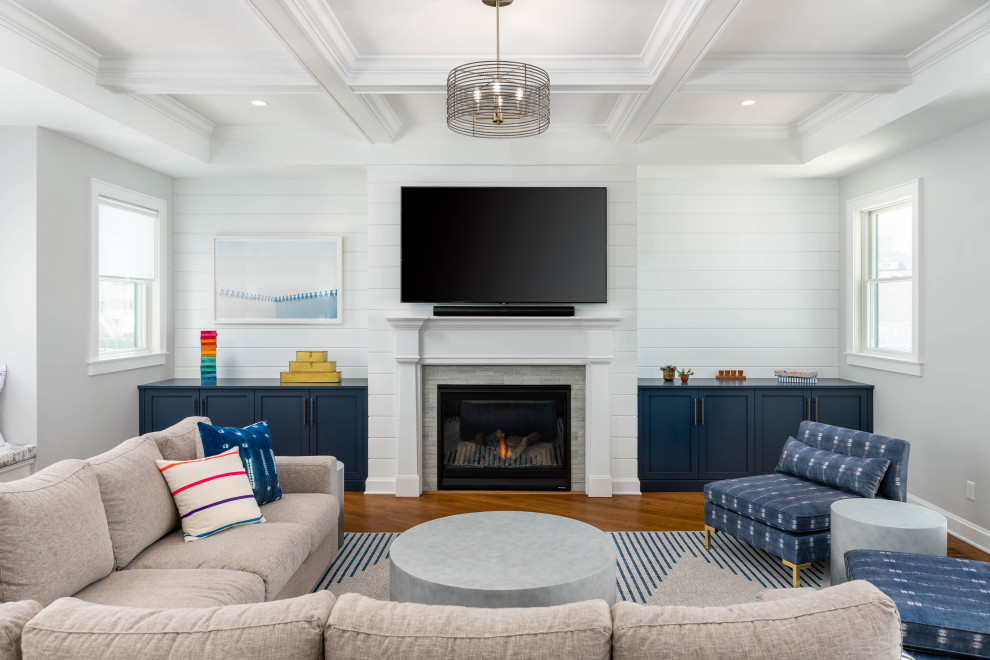 Design ideas for a beach style family room in New York.