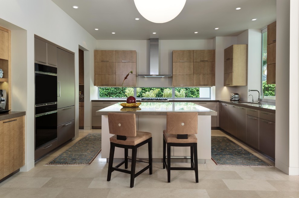 Design ideas for a mid-sized modern separate kitchen in Miami with an undermount sink, flat-panel cabinets, quartz benchtops, panelled appliances, travertine floors, with island, beige floor, brown cabinets and window splashback.