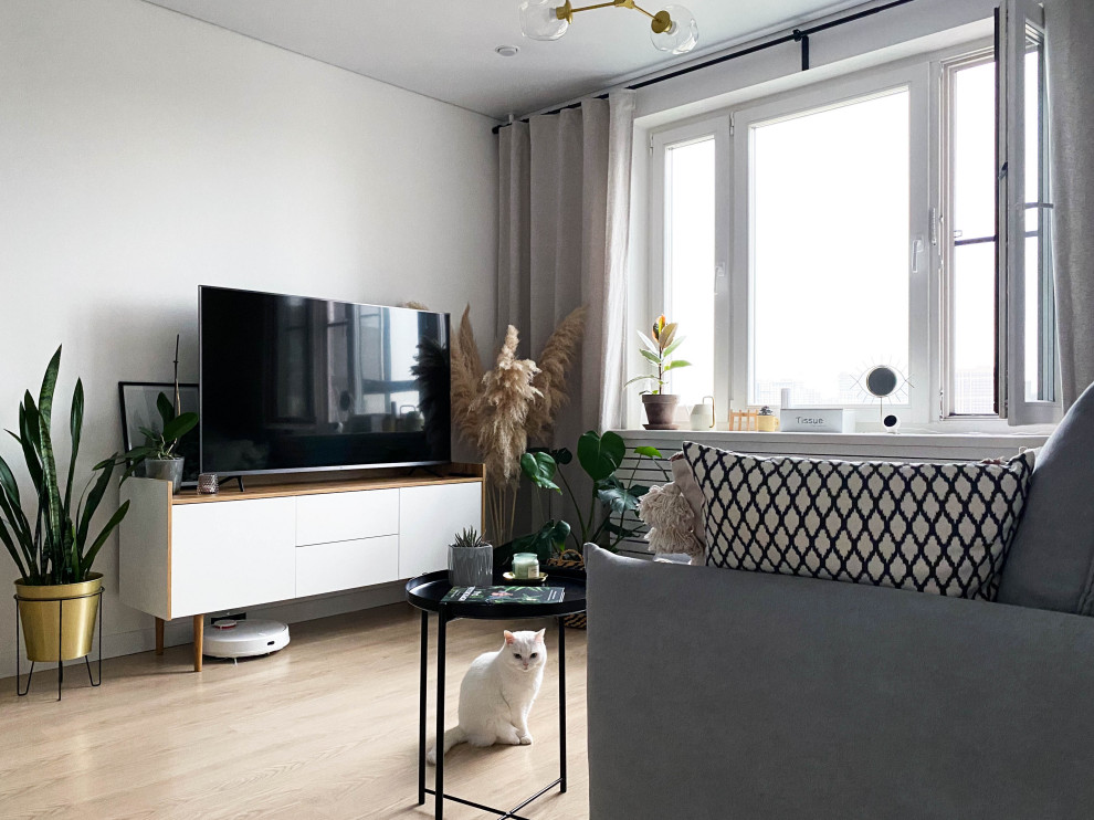 На фото: объединенная, серо-белая гостиная комната среднего размера в скандинавском стиле с белыми стенами, полом из ламината и отдельно стоящим телевизором