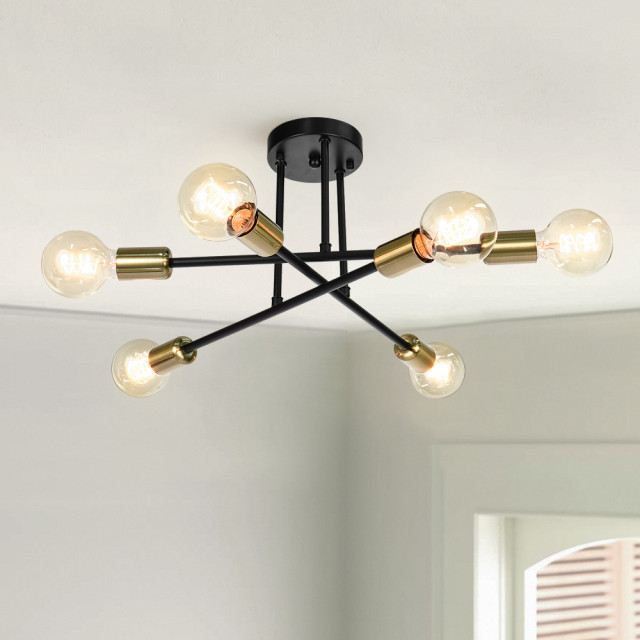6-Light Sputnik Linear Semi Flush Mount Light - Midcentury - Flush ...