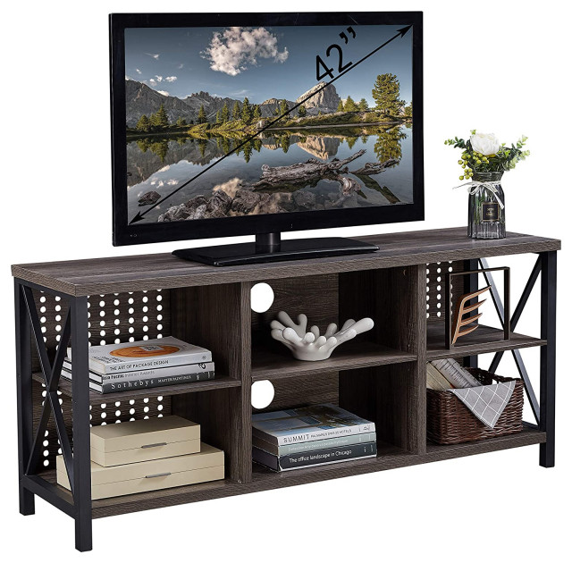 Mid Century Modern TV Stand, 6 Open Compartments With Dotted Back, Grey Oak Contemporary