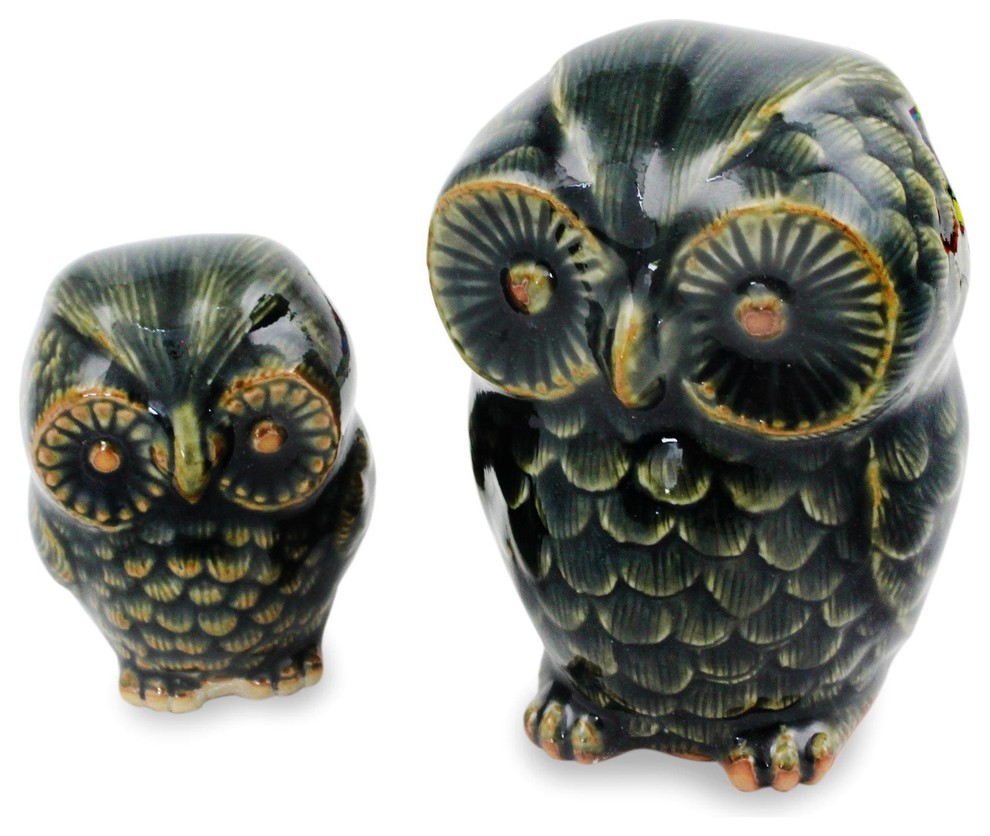 Novica Little Green Owls Celadon Ceramic Figurines, 2-Piece Set