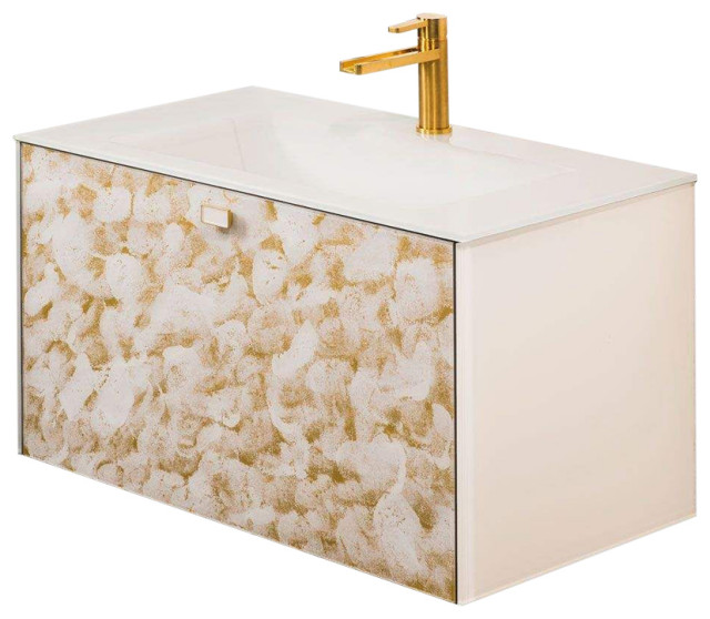 Vya Luxury Murano Glass Drop-In Single Bathroom Vanity 32", White and Gold